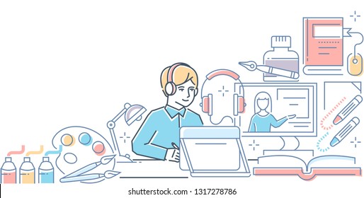 Online design course - modern line design style illustration on white background. A composition with student, teenager drawing on a tablet, watching video tutorial, graphic tools. Education concept