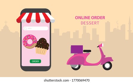 Online dessert order and delivery concept. Online shopping. City mosque and church