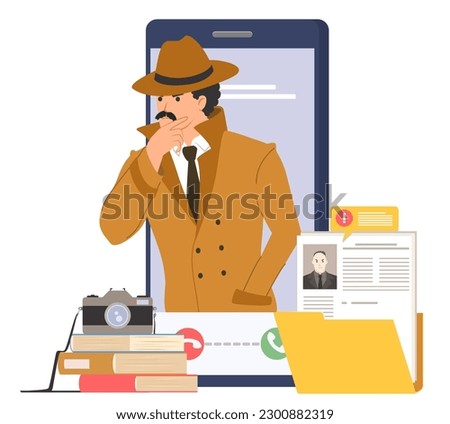 Online detective professional service vector illustration. Agent character investigating crime. Mobile call, clues and offender personal file, photo camera on book stack flat cartoon design