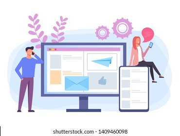 Online device targeting internet communication concept. Vector flat cartoon graphic design banner poster illustration