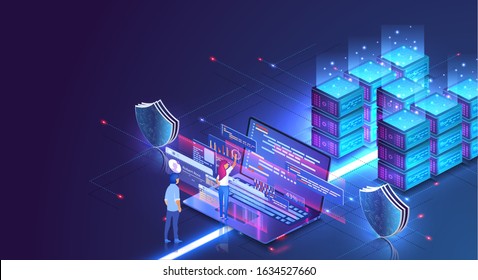 Online devices upload, download information, data in database on cloud services. Futuristic cyberspace technology. Database dark neon isometric vector illustration. Online server maintenance team. 