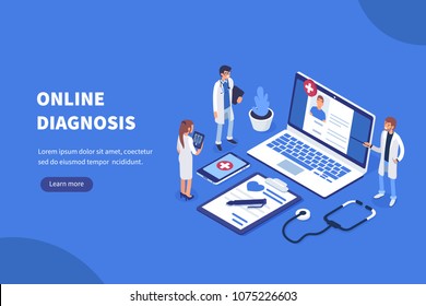 Online diagnosis concept banner with characters. Can use for web banner, infographics, hero images. Flat isometric vector illustration.