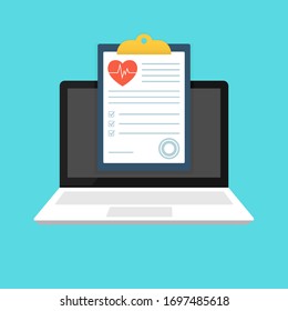 	
Online diagnosis concept banner. Health check document on the clipboard. Use for web banner, infographics. Flat vector illustration.