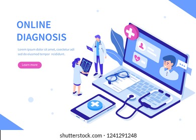 Online diagnosis concept with characters. Can use for web banner, infographics, hero images. Flat isometric vector illustration isolated on white background.