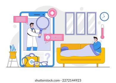 Online diagnosis concept with characters. Outline design style minimal vector illustration for landing page, web banner, infographics, hero images.