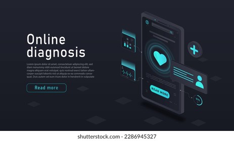 Online diagnosis concept. Remote medicine, checking health indicators. Choice of treatment method, consultation with remote specialists. Landing page design. Cartoon vector illustration