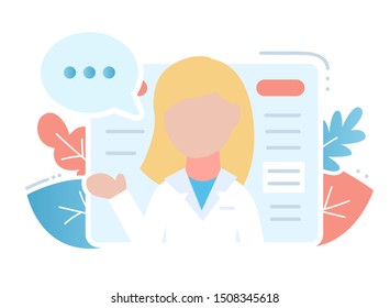 Online diagnosis. Doctor consultation. For medical landing page, support technology, healthcare web site design. Ask a doctor app service concept poster. Flat nurse character vector illustration