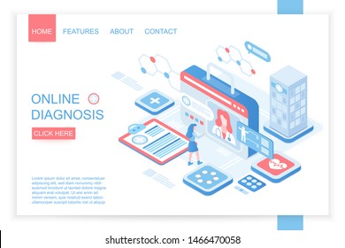 Online diagnosis isometric landing page vector template. Online doctor consultation and appointment service website design layout. Medical checkup, healthcare, Iomt web page. Telemedicine 3d concept