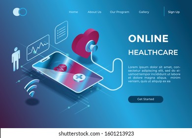 online diagnosis through a gadget with a stethoscope symbol in isometric 3d illustration