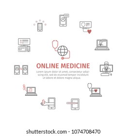 Online Diagnosis And Treatment. Virtual Medical Consultation Infographic. Vector Line Icons. Infographic Set.