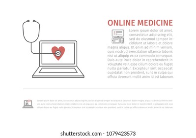 Online diagnosis and treatment. Virtual medical consultation. Vector line banner.