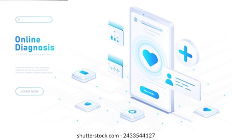 Online diagnosis white poster. Smartphone with mobile application for doctors and patients. Health care, medicine and treatment. Landing webpage design. Neon isometric vector illustration