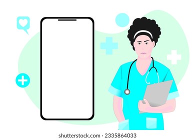 Online-Diagnose. Fragen Sie Ihren Arzt online. Online-Konzept für medizinische Beratung und Unterstützung. Weibliche Figur mit Stethoskop und leerem Smartphone. Flaches Vektorgrafik-Design