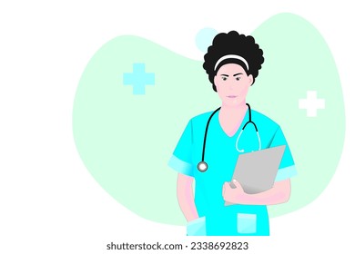 Diagnósticos en línea. Pregúntele a su médico en línea. Consulta médica en línea y concepto de apoyo. Carácter femenino con estetoscopio. Diseño de ilustración de vector plano