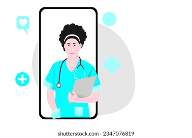 Online diagnostics. Ask your Doctor online. Online medical consultation and support concept. Female character with a stethoscope. Vector illustration