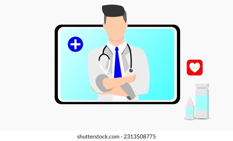 Online diagnostics. Doctor online. Online medical consultation and support concept. Medical services. Ask your doctor. Male character with a stethoscope at the laptop screen. Vector illustration 