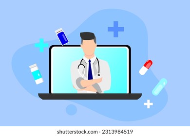 Online diagnostics. Doctor online. Online medical consultation and support concept. Medical services. Ask your doctor. Male character with a stethoscope at the laptop screen. Vector illustration 