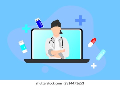 Diagnósticos en línea. Doctor en línea. Consulta médica en línea y concepto de apoyo. Servicios médicos. Pregúntele a su médico. Personaje femenino con estetoscopio en la pantalla del portátil. Ilustración del vector 