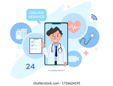 Online diagnostics service concept. Doctor had diagnostic with video call from application of smartphone. Vector flat illustration.