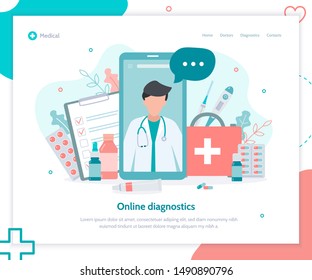 Online Diagnostics. Video Call To The Doctor From Your Smartphone. Creative Landing Page Design Template. Flat Vector Illustration.