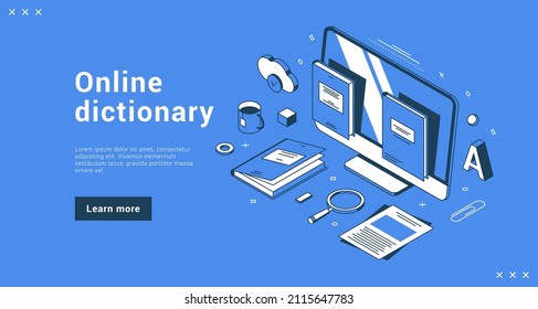 Online Dictionary Education Web Distance Learning Courses International Ebook Translator Banner Landing Page Isometric Vector Illustration. Internet Studying Glossary Vocabulary Lexicon Information