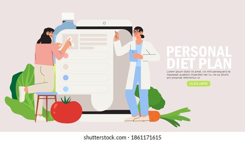 Online dietitian consultation. Concept of healthy eating, personal diet or nutrition plan from dieting expert or online nutrition course or marathon preparation. Can be used for social media banner. 