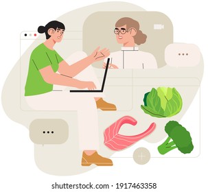 Online dietitian consultation. Concept of healthy eating, personal diet or nutrition plan from dieting expert or online nutrition course or mobile application. Can be used for social media banner. 