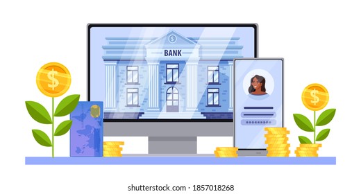 Online digital bank finance vector concept with computer screen, building, smartphone, card, growing coins. Mobile saving account or e-wallet illustration. Tax or cashback service in online banking