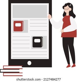 Online Digital Book Illustration. Flat Design People Reading Book On Huge Smartphone