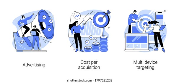 Online Digital Campaign Abstract Concept Vector Illustration Set. Advertising, Cost Per Acquisition, Multi Device Targeting, Target Audience, Media Planning, PPC Strategy, Promotion Abstract Metaphor.