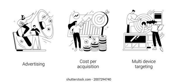 Online Digital Campaign Abstract Concept Vector Illustration Set. Advertising, Cost Per Acquisition, Multi Device Targeting, Target Audience, Media Planning, PPC Strategy, Promotion Abstract Metaphor.