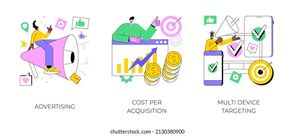 Online Digital Campaign Abstract Concept Vector Illustration Set. Advertising, Cost Per Acquisition, Multi Device Targeting, Target Audience, Media Planning, PPC Strategy, Promotion Abstract Metaphor.