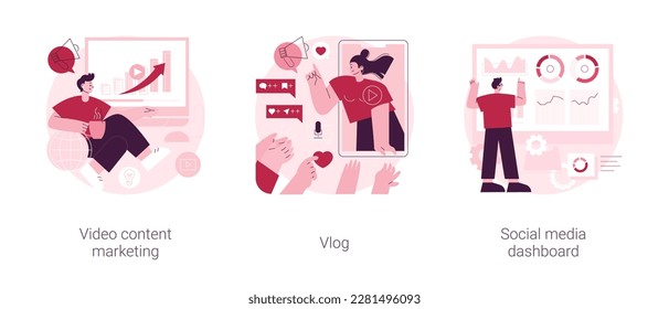 Conjunto de ilustraciones vectoriales de concepto abstracto de campaña digital en línea. Marketing de contenido de video, popularidad de vlog y monetización, tablero de medios sociales, público objetivo, metáfora abstracta de contenido viral.