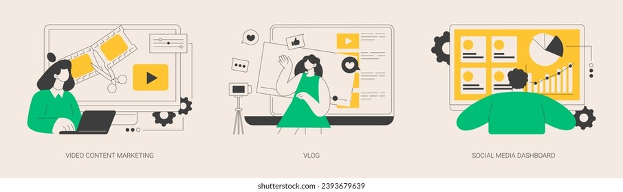 Online digital campaign abstract concept vector illustration set. Video content marketing, vlog popularity and monetization, social media dashboard, target audience, viral content abstract metaphor.