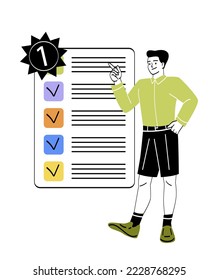 Online digital campaign. Male entrepreneur or office worker completes projects or tasks from to do list. Time management, efficiency and productivity. Cartoon flat vector illustration in doodle style