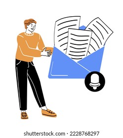Online digital campaign. Male entrepreneur or office worker receives envelope with letters or documents. Employee sends messages and communicates with customers. Cartoon flat vector illustration