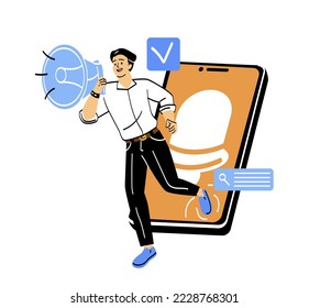 Online digital campaign. Male entrepreneur looks out of screen of smartphone and attracts users or customers with loudspeaker. Advertising, marketing and promotion. Cartoon flat vector illustration