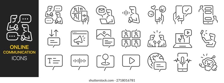Symbolsatz für die digitale Online-Kommunikation. Es beinhaltet Hilfe, Videoanruf, Marketing, Stimme, Nachricht, Text, Live-Stream und mehr Symbole. Bearbeitbarer Vektorstrich.
