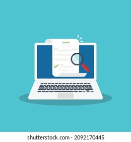 Inspección o evaluación de documentos digitales en línea en computadoras portátiles, revisión de contratos, análisis, inspección del contrato de contrato, verificación del cumplimiento. Ilustración del vector 