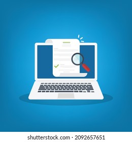 Online digital document inspection or assessment evaluation on laptop computer, contract review, analysis, inspection of agreement contract, compliance verification. Vector illustration 