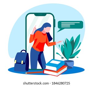 Online digital educational technologies concept. Girl student learning online via smartphone. E-learning, webinar or online lesson, course concept flat vector illustration
