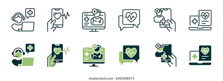 online digital health care consultation icon vector set virtual doctor diagnosis medical analysis signs illustration