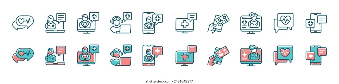 en línea digital de la consulta de atención de la salud icono conjunto de Vectores médico virtual diagnóstico signos médicos ilustración colección