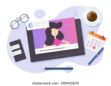 Online digital internet video communication with woman person vector flat cartoon illustration, concept of webinar watching, social distancing, remote or distance dating or education, talk or speak
