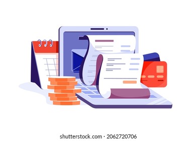 Online digital invoice with bills on laptop vector illustration. Report about vat, payroll and paid money flat style. Accounting concept