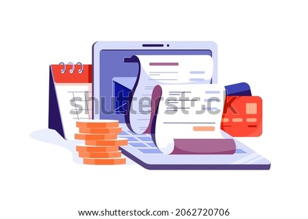 Online digital invoice with bills on laptop vector illustration. Report about vat, payroll and paid money flat style. Accounting concept
