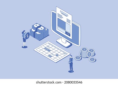 concepto de factura digital en línea en pantalla de computadora con personas y dinero con estilo isométrico de esquema