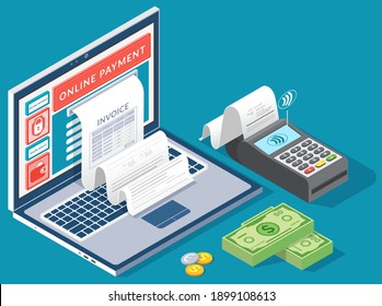 Online digital invoice laptop or mobile smartphone with bills credit card money coins flat illustration. Concept of electronic bill and online bank, laptop with check tape, payments electronic online