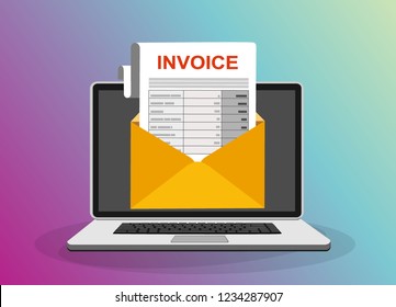 Online digital invoice laptop or notebook with bills, flat design illustration.