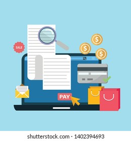 Online digital invoice laptop or notebook with bills credit card money coins flat illustration.
